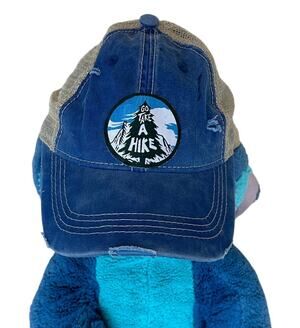 Take a Hike Trucker Baseball Cap Upcycled One of a Kind Bue Camping Mesh Back